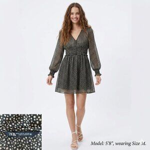 ZARA Green White Polka Dot Chiffon Mini Dress Smocked Waist Long Sleeve Size M